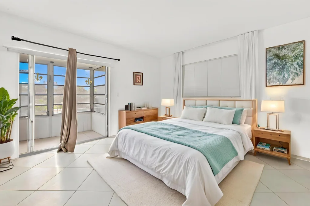 20260925152522152567000000-o - Lake Worth Homes - Lake Worth Homes Bright bedroom with a king bed, teal accent throw, two wooden nightstands, and a balcony door.