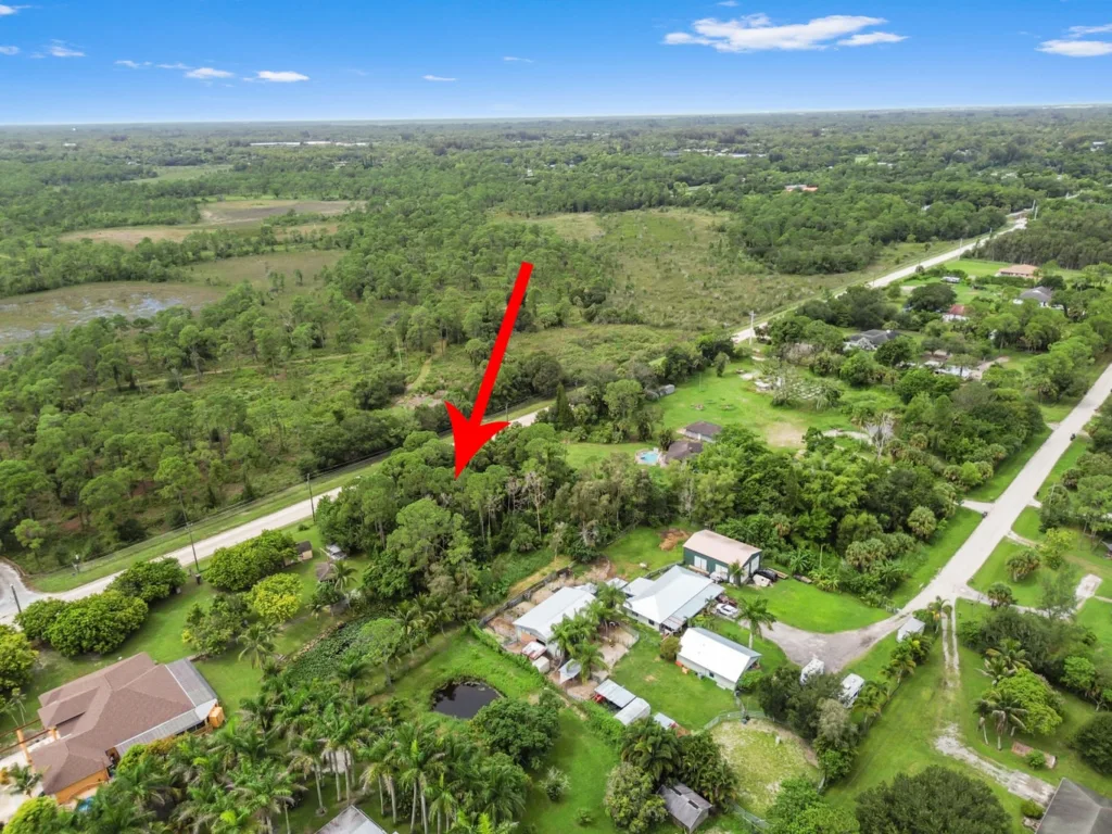 DCIM100MEDIADJI_0577JPG - Lake Worth Homes - Lake Worth Homes Aerial view of a residential street with a wooded lot highlighted by a red arrow on the parcel edge.