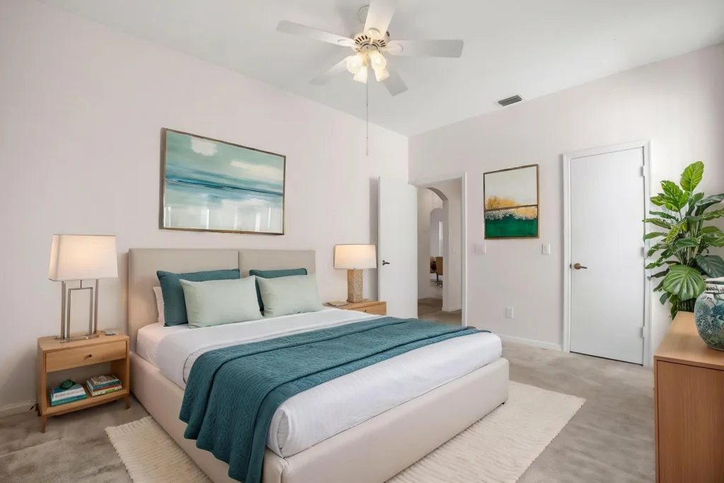 Bright modern bedroom with a beige upholstered bed, teal bedding and pillows, and two wooden nightstands with lamps.