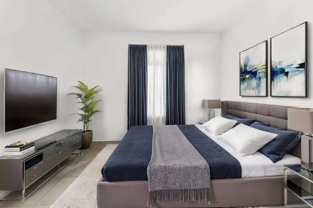 20261007235005748244000000-o - Lake Worth Homes - Lake Worth Homes Modern bedroom with a gray upholstered bed, navy bedding, and two abstract framed paintings above the headboard. A flat-screen TV sits on a glass media console to the left. A potted plant and dark curtains frame a window at the far wall.