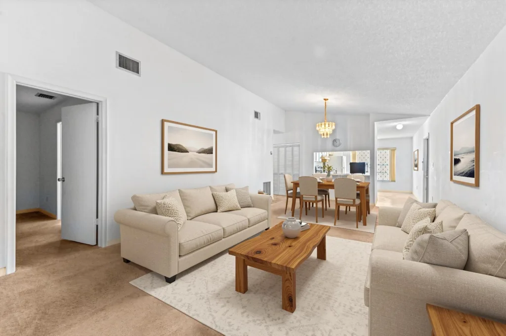 20261008162146725827000000-o - Lake Worth Homes - Lake Worth Homes Open-concept living and dining room with beige sofas, wood coffee table, and a chandelier above the dining area.