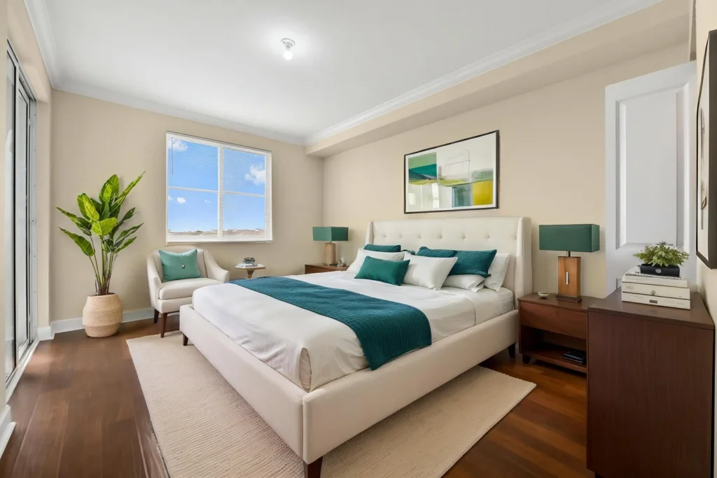 20261007214508686665000000-o - Lake Worth Homes - Lake Worth Homes Bright master bedroom with a white tufted bed, teal accents, and wooden nightstands; plant and armchair by the window.