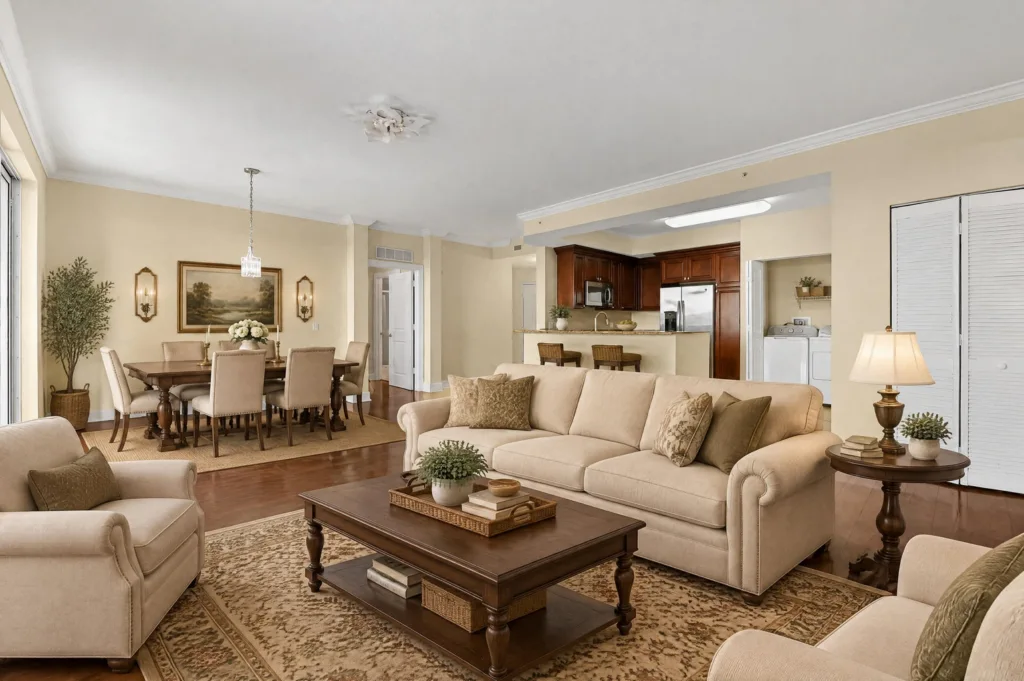 20261007214649823241000000-o - Lake Worth Homes - Lake Worth Homes Open-concept living room and dining area with beige upholstered sofas, wooden coffee table, and a dining table set in a warm, neutral palette.