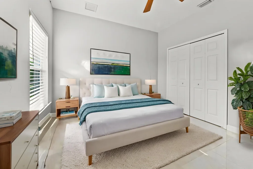 Modern bedroom with a beige upholstered bed, two wooden nightstands, blue pillows, and a teal throw blanket.