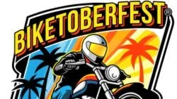 Logo for Biketoberfest depicting a motorcycle rider on a bike with palm trees and sunset behind, bold yellow and red text.
