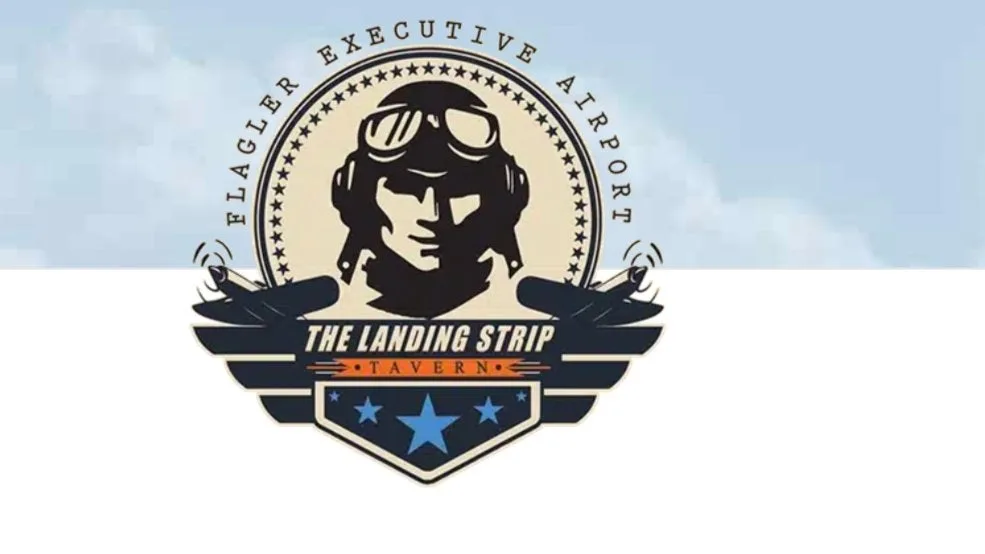 Brand logo for The Landing Strip Tavern at Flagler Executive Airport, featuring a pilot head silhouette, wings, and star emblem.