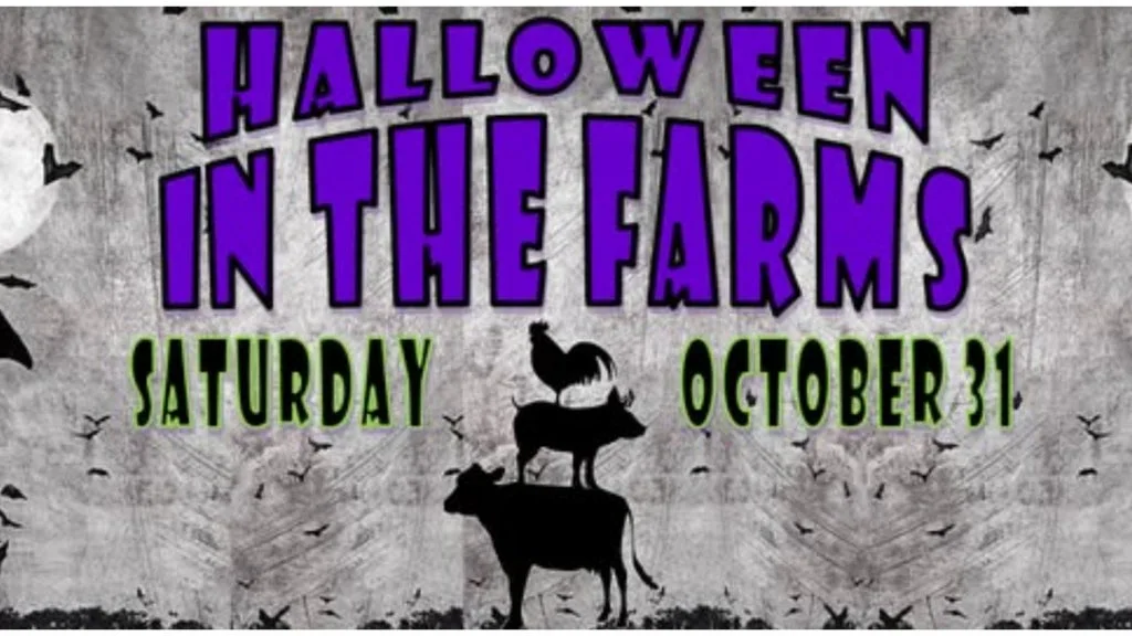 Halloween in the Farms event poster with large purple title, green date text, and black cow and rooster silhouettes against a gray bat-filled background with a moon on the left.