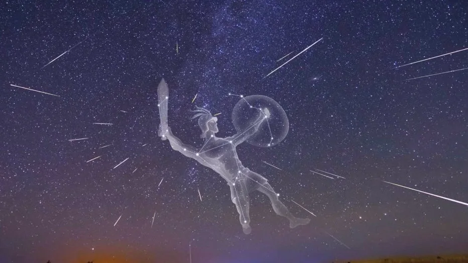 Transparent constellation-style warrior leaping through a starry night sky, wielding a sword and shield amid falling stars.