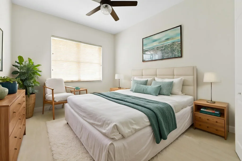 Bedroom with a white upholstered king bed, teal throw and pillows, and wooden nightstands on each side; ceiling fan overhead.