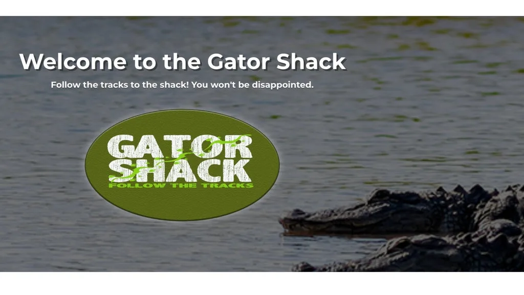 Hero banner with the text 'Welcome to the Gator Shack' and the logo over a lake background.